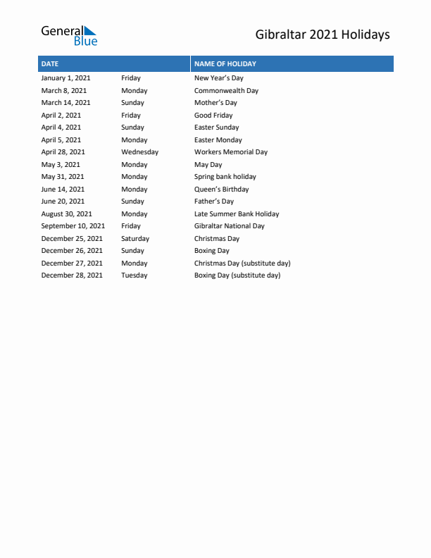 Free printable list of Gibraltar holidays for year 2021