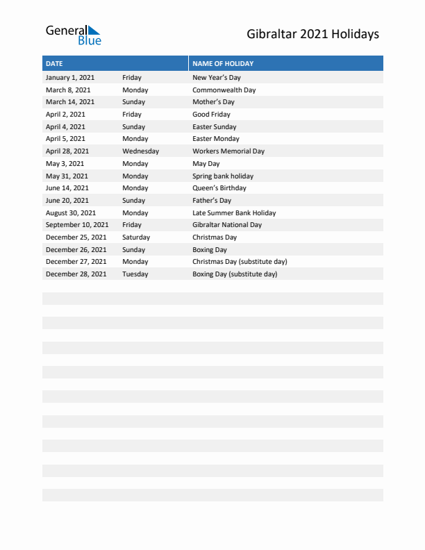 Free printable list of Gibraltar holidays for year 2021