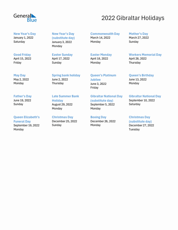 Free printable list of Gibraltar holidays for year 2022