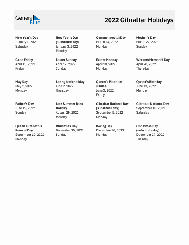 Free printable list of Gibraltar holidays for year 2022