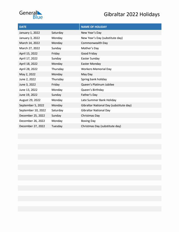 Free printable list of Gibraltar holidays for year 2022