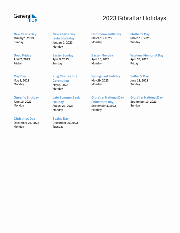 Free printable list of Gibraltar holidays for year 2023