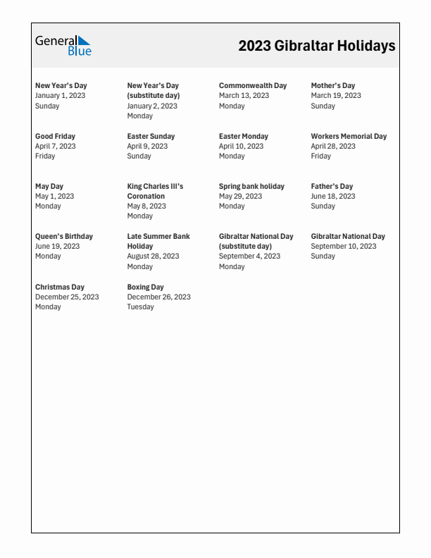 Free printable list of Gibraltar holidays for year 2023