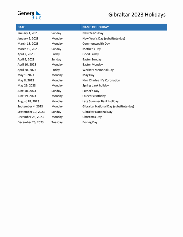 Free printable list of Gibraltar holidays for year 2023