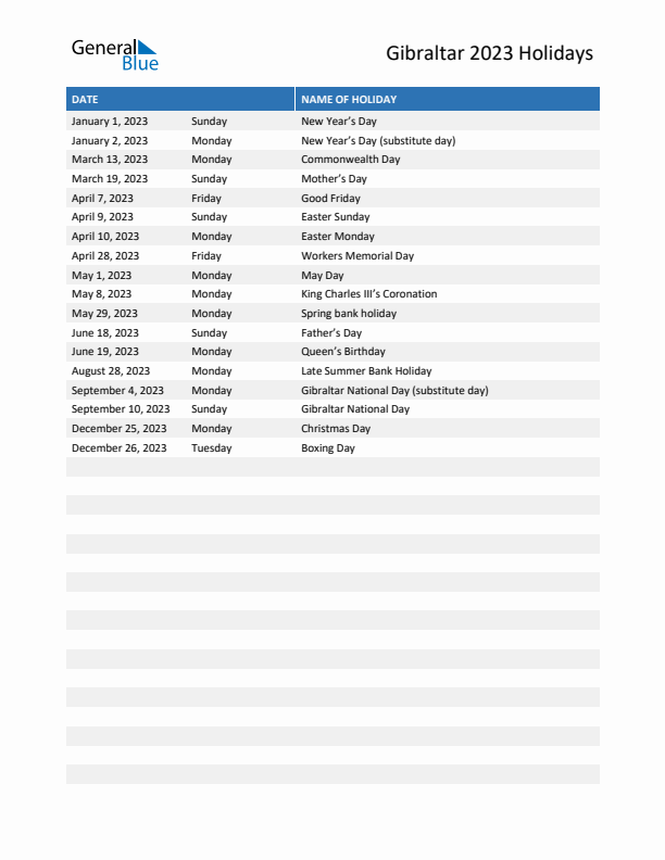 Free printable list of Gibraltar holidays for year 2023