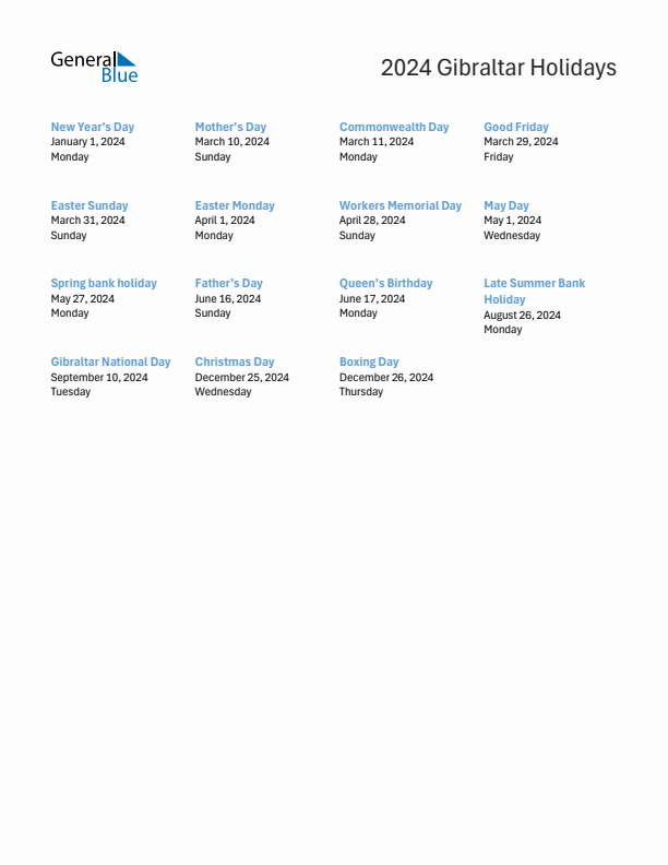 Free printable list of Gibraltar holidays for year 2024