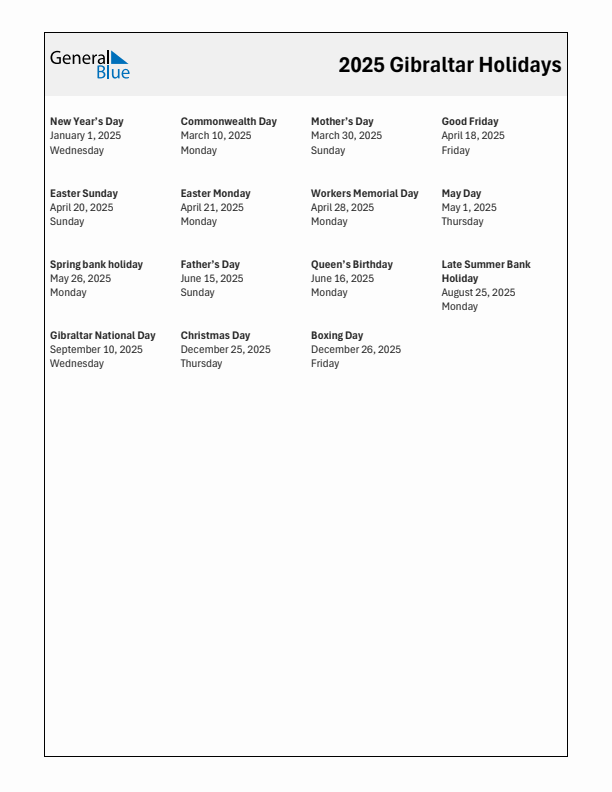 Free printable list of Gibraltar holidays for year 2025