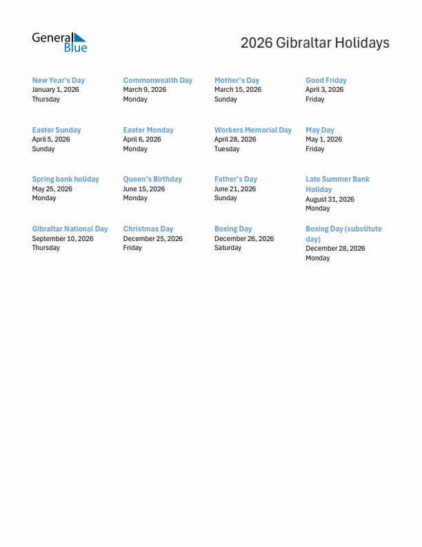 Free printable list of Gibraltar holidays for year 2026