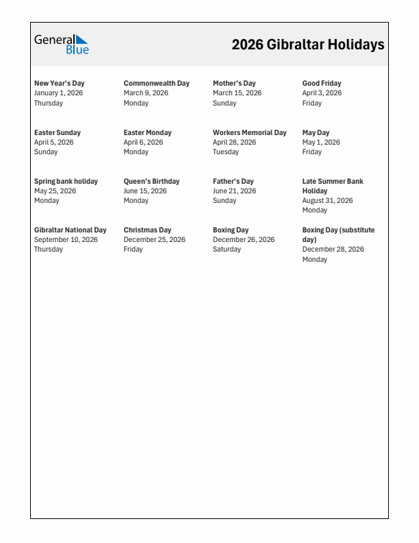 Free printable list of Gibraltar holidays for year 2026