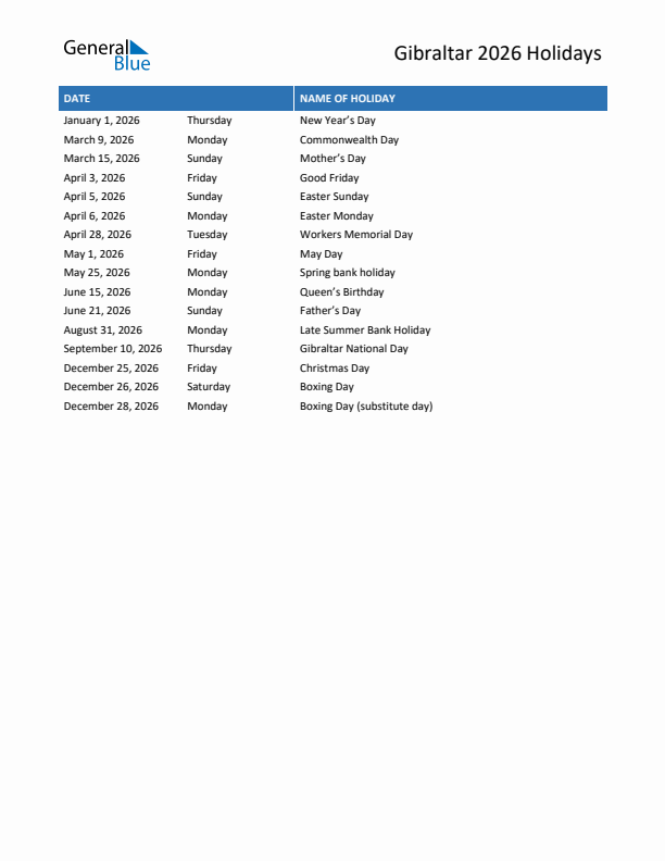 Free printable list of Gibraltar holidays for year 2026