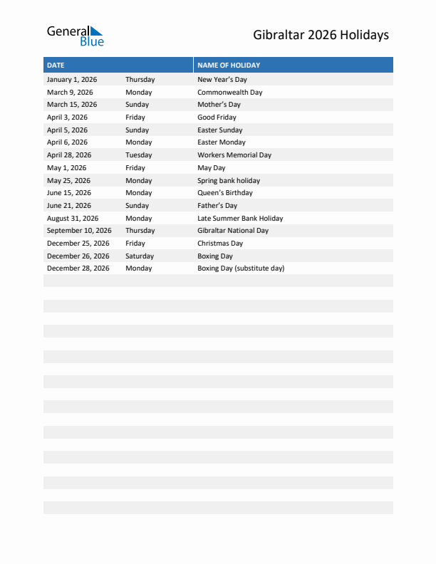 Free printable list of Gibraltar holidays for year 2026