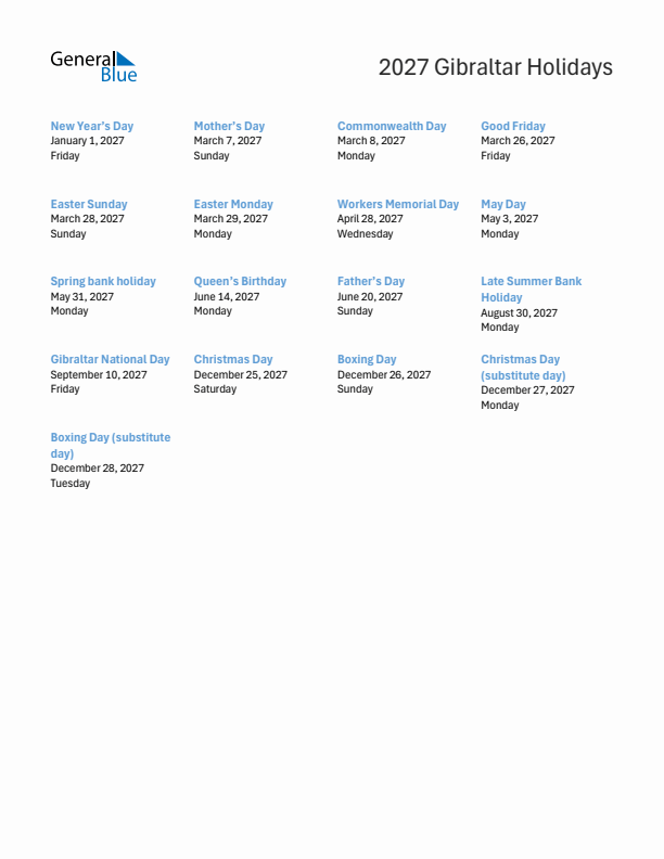 Free printable list of Gibraltar holidays for year 2027