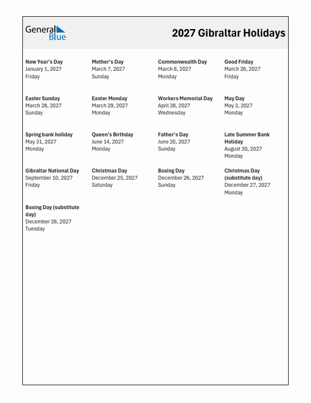 Free printable list of Gibraltar holidays for year 2027