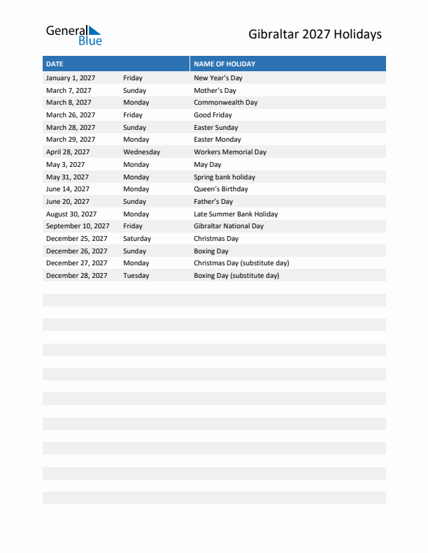 Free printable list of Gibraltar holidays for year 2027