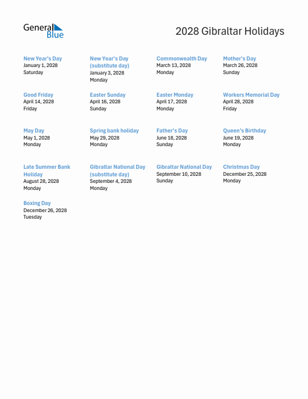 Free printable list of Gibraltar holidays for year 2028