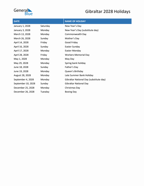 Free printable list of Gibraltar holidays for year 2028