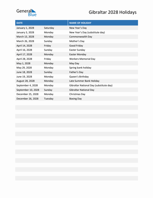 Free printable list of Gibraltar holidays for year 2028