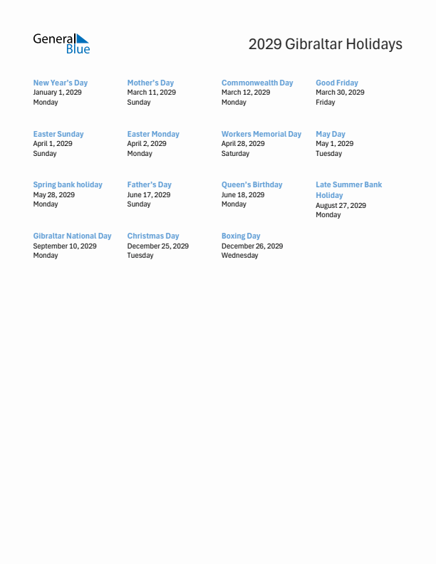 Free printable list of Gibraltar holidays for year 2029