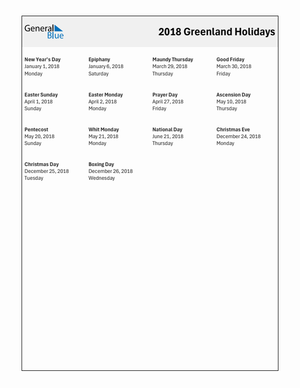 Free printable list of Greenland holidays for year 2018