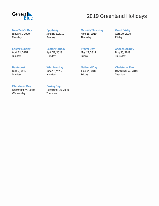 Free printable list of Greenland holidays for year 2019