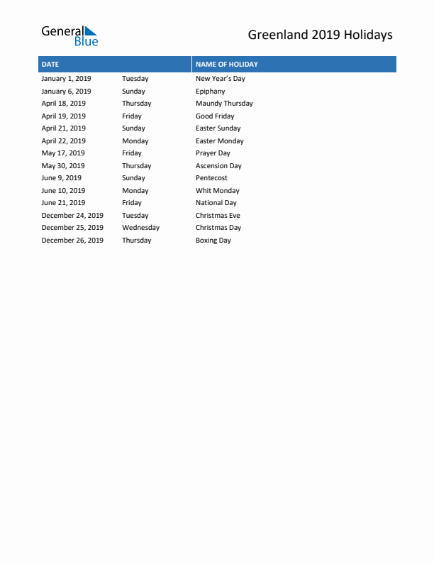 Free printable list of Greenland holidays for year 2019