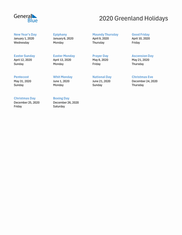 Free printable list of Greenland holidays for year 2020