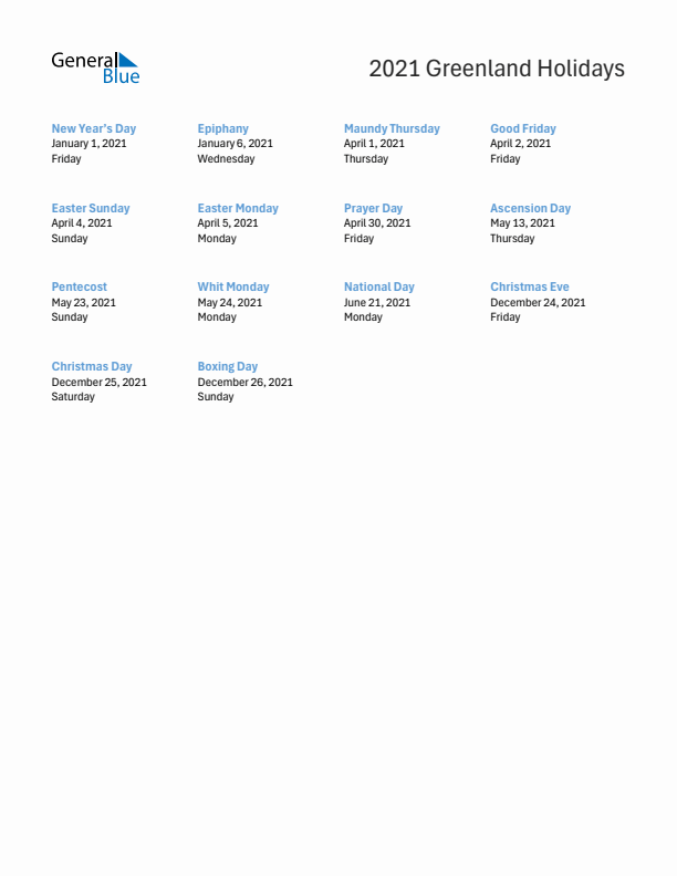 Free printable list of Greenland holidays for year 2021