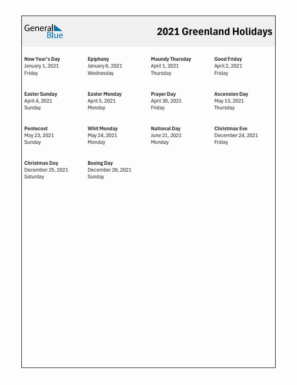 Free printable list of Greenland holidays for year 2021