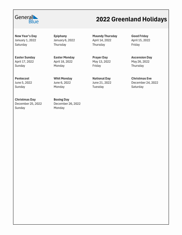 Free printable list of Greenland holidays for year 2022