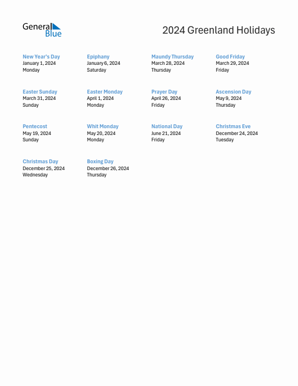 Free printable list of Greenland holidays for year 2024