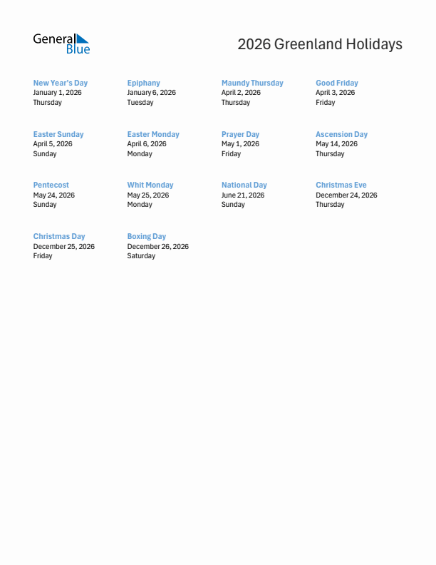 Free printable list of Greenland holidays for year 2026