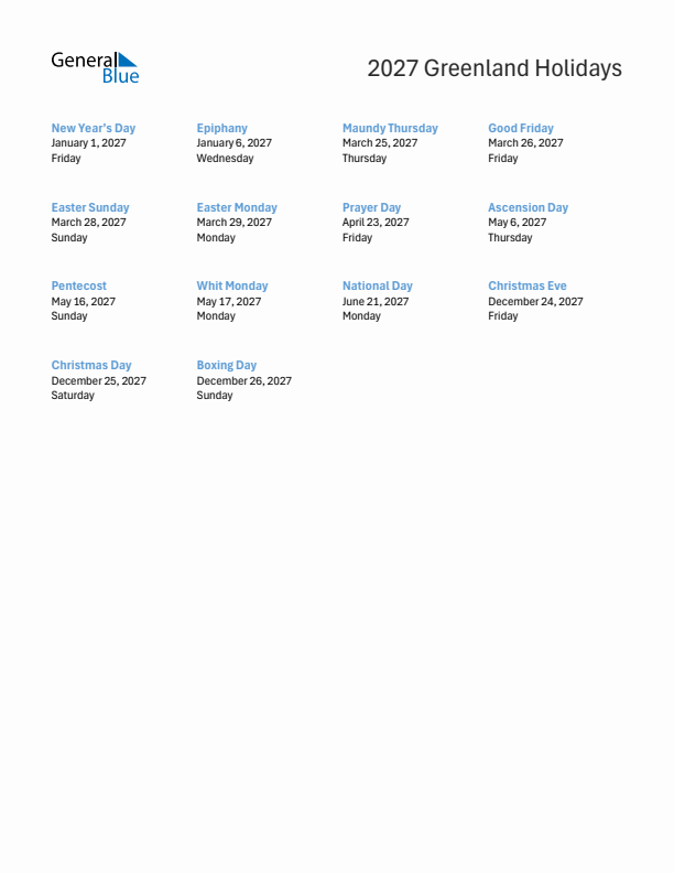 Free printable list of Greenland holidays for year 2027