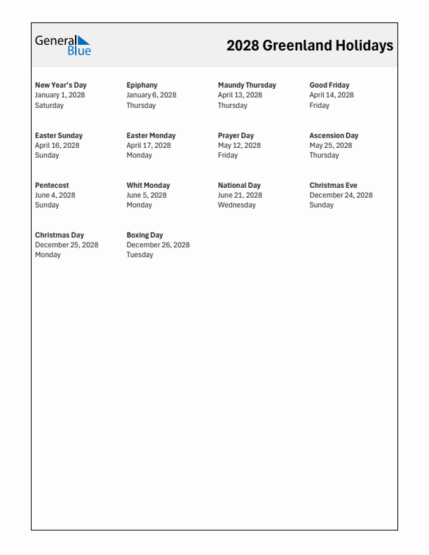 Free printable list of Greenland holidays for year 2028