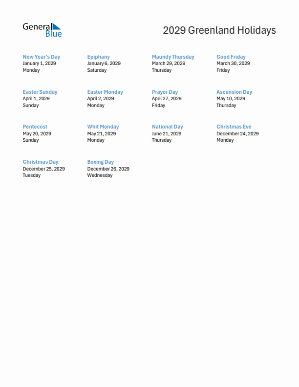 Free printable list of Greenland holidays for year 2029