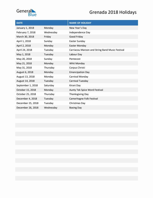 Free printable list of Grenada holidays for year 2018