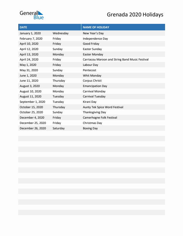 Free printable list of Grenada holidays for year 2020