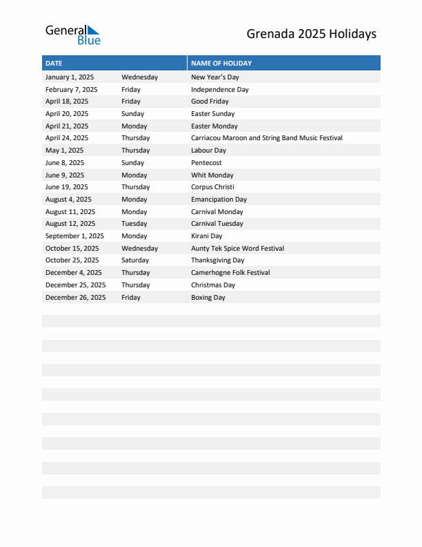 Free printable list of Grenada holidays for year 2025