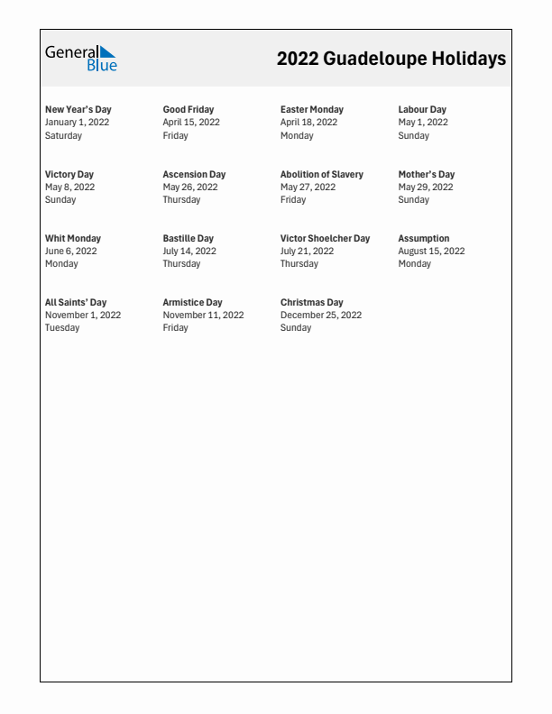 Free printable list of Guadeloupe holidays for year 2022