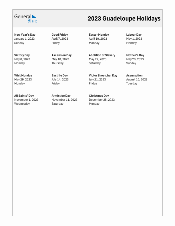 Free printable list of Guadeloupe holidays for year 2023