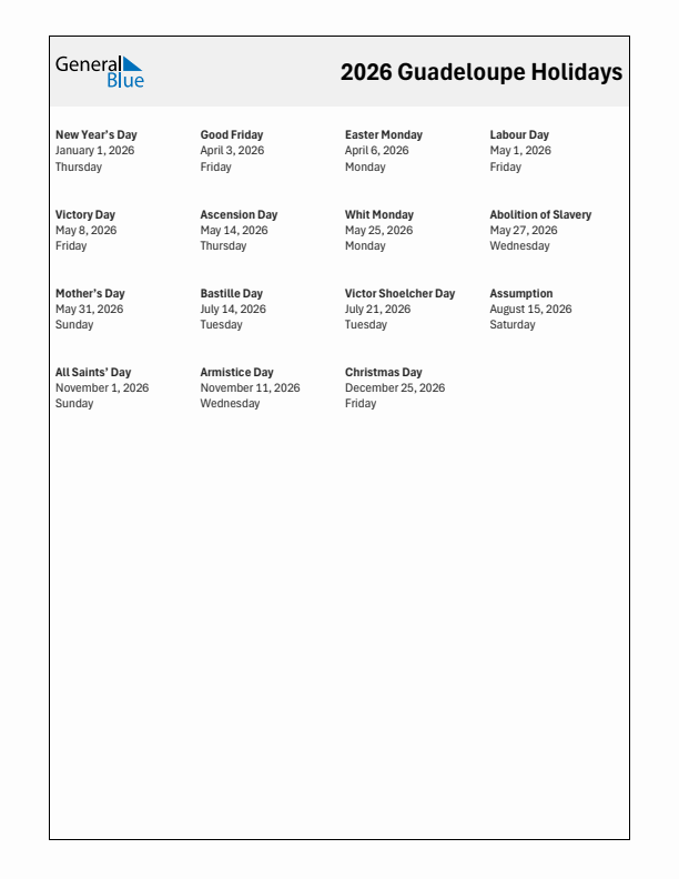 Free printable list of Guadeloupe holidays for year 2026