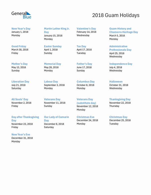 Free printable list of Guam holidays for year 2018