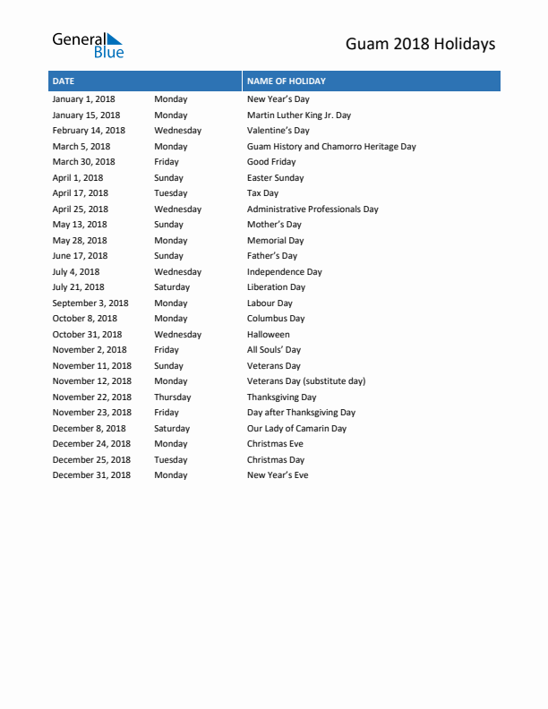 Free printable list of Guam holidays for year 2018