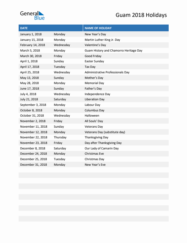 Free printable list of Guam holidays for year 2018