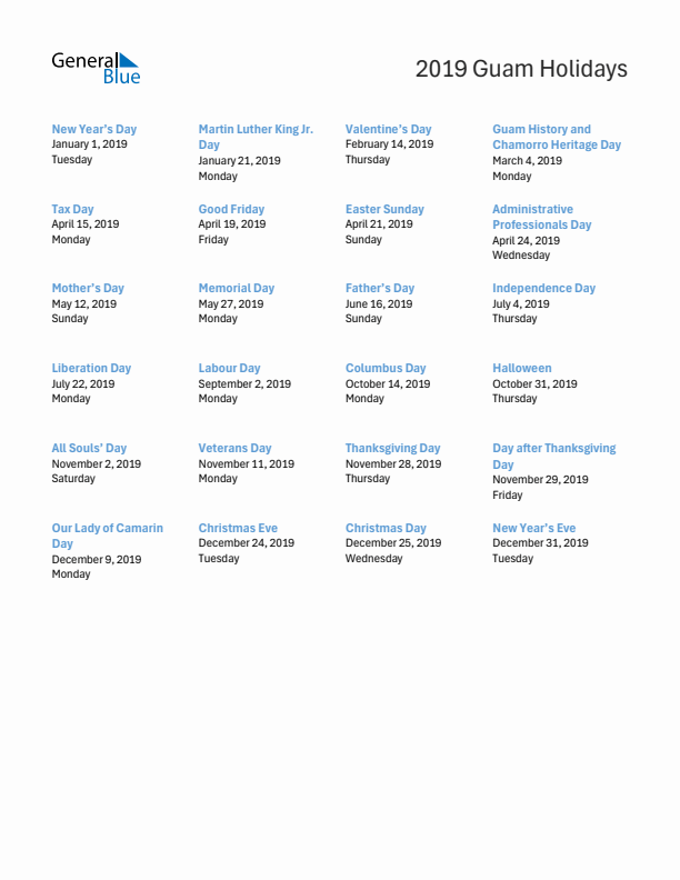 Free printable list of Guam holidays for year 2019