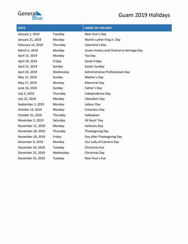 Free printable list of Guam holidays for year 2019