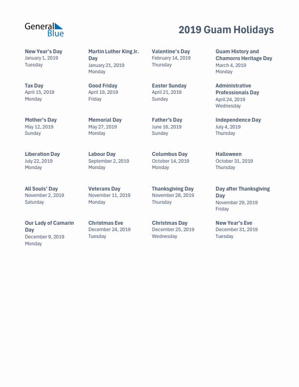 Free printable list of Guam holidays for year 2019