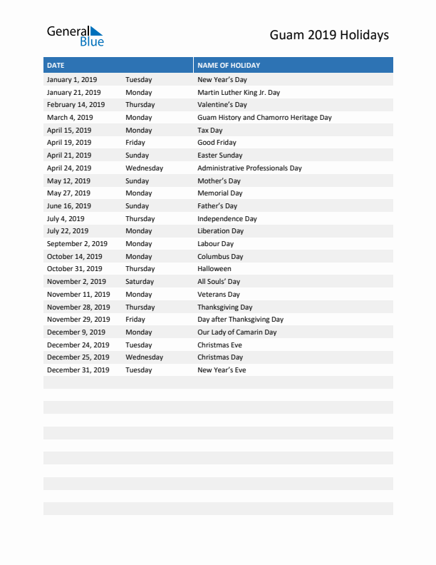 Free printable list of Guam holidays for year 2019