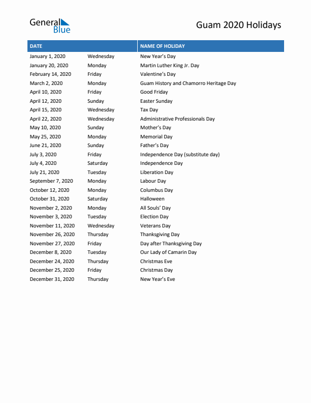 Free printable list of Guam holidays for year 2020