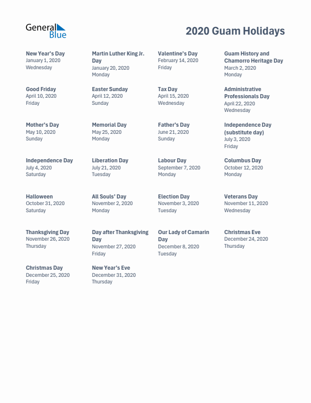 Free printable list of Guam holidays for year 2020