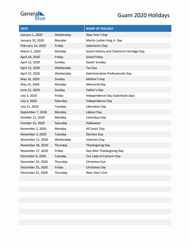 Free printable list of Guam holidays for year 2020